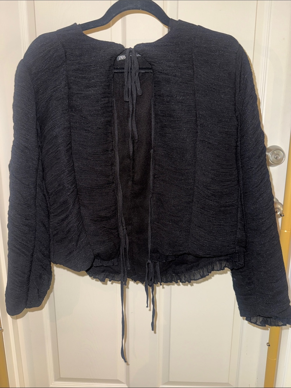Zara Black Textured Open-Front Blazer with Ruffle Trim
